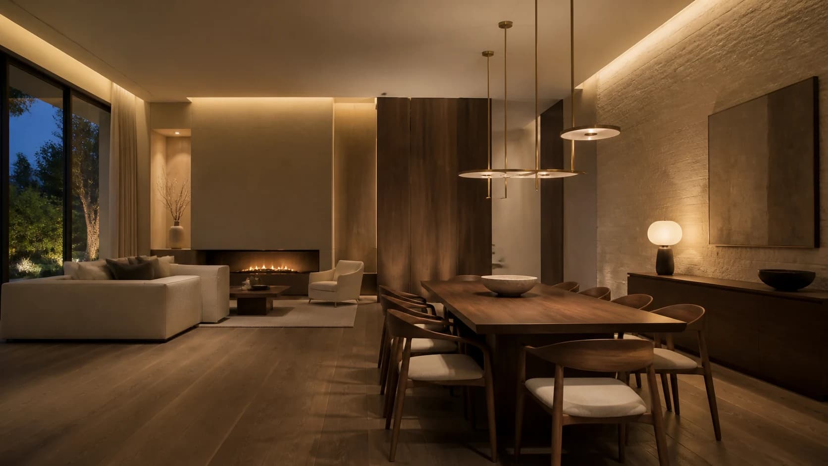 Warm architectural living room with considered furniture and natural materials